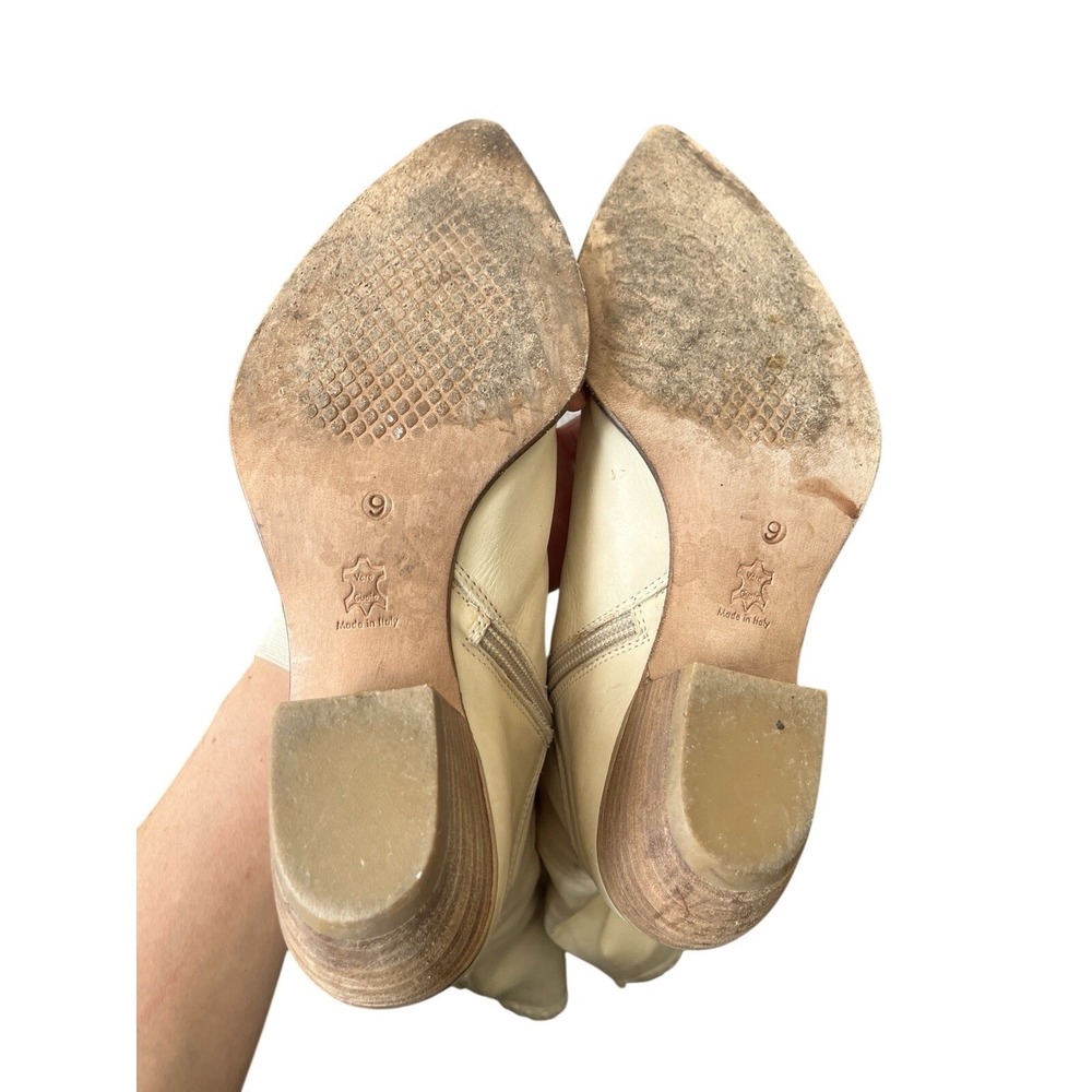 Vintage Pointed Toe Cream Italian Leather Western Boots Stacked Heel Zip Up 9 - Picture 9 of 16